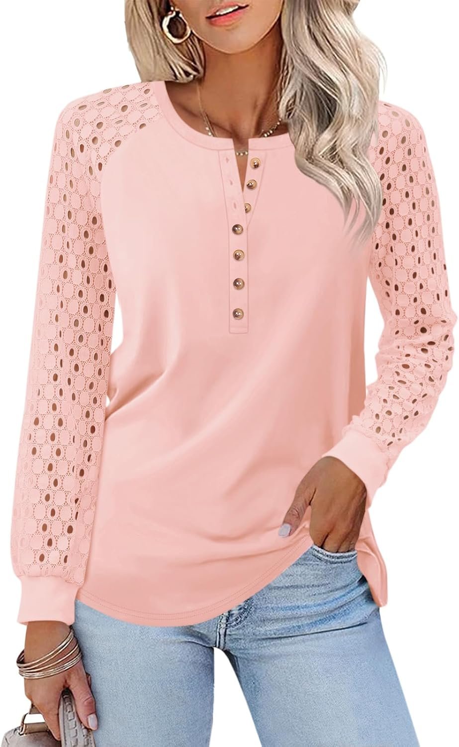 Minetom Women’s Lace Long Sleeve Tops Henley Shirts Casual Blouses T Shirts Fall Clothes