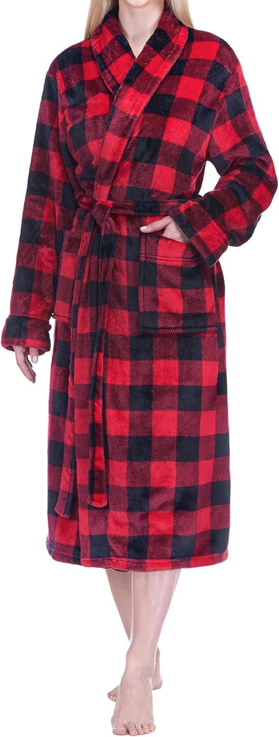 PAVILIA Womens Fleece Robe with Satin Trim, Plush Soft Long Spa Bathrobe, Cozy Shawl Collar Housecoat with Pockets