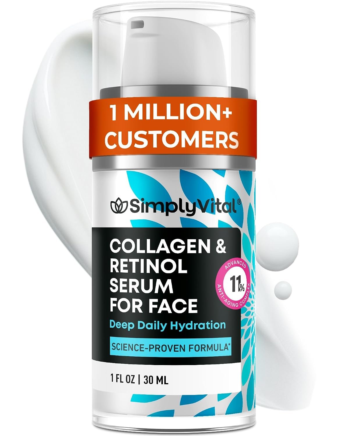 SimplyVital Collagen, Retinol & Hyaluronic Acid Serum – Anti-Aging Moisturizer for Face, Neck & Décolleté – Deep Moisturizing Skin Care Complex – Hydrating Facial Serum for Women, 1 fl.oz