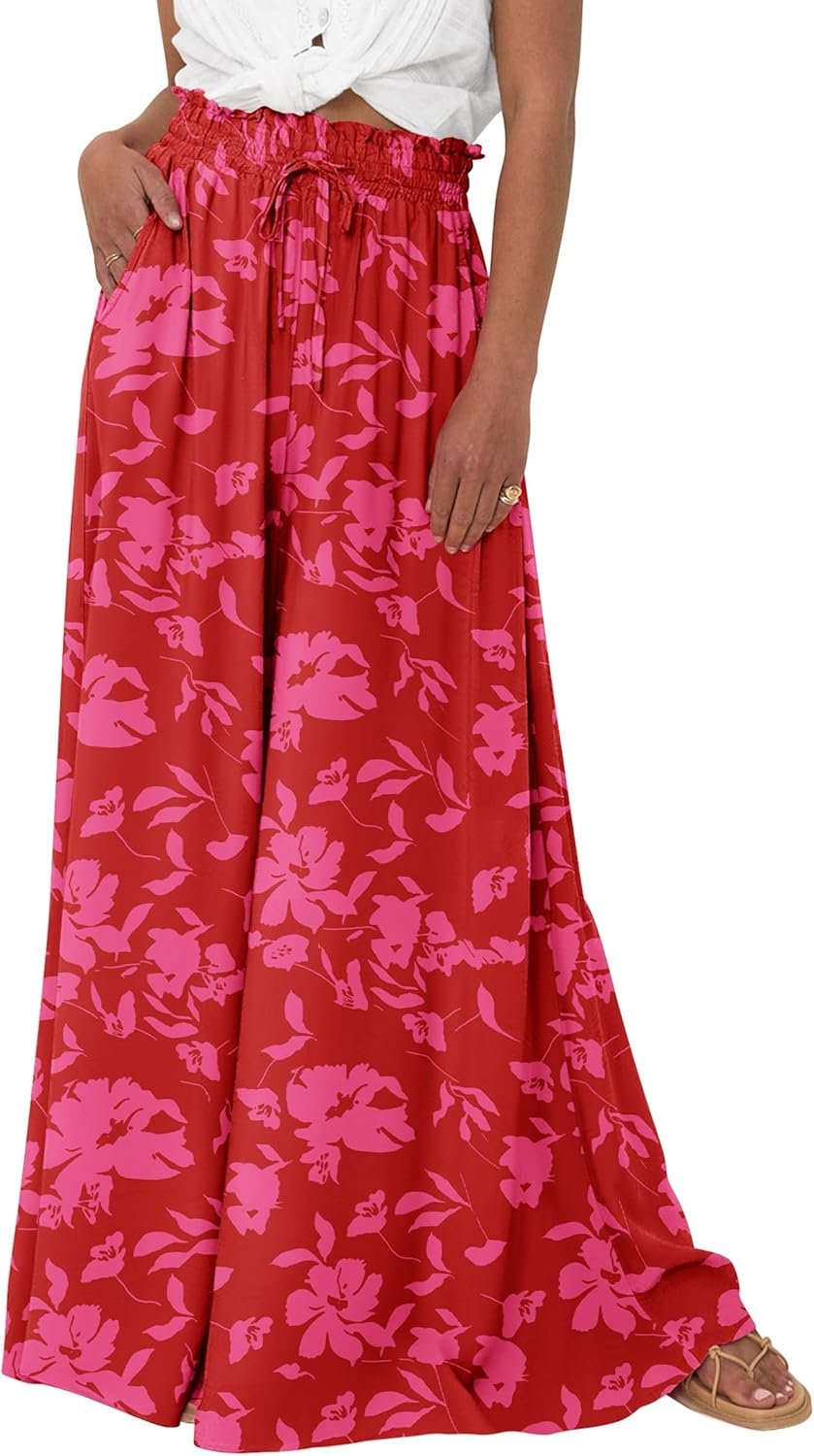 PRETTYGARDEN Women’s 2026 Summer Wide Leg Palazzo Pants High Waisted Flowy Pockets Trendy Casual Lounge Boho Beach Trousers