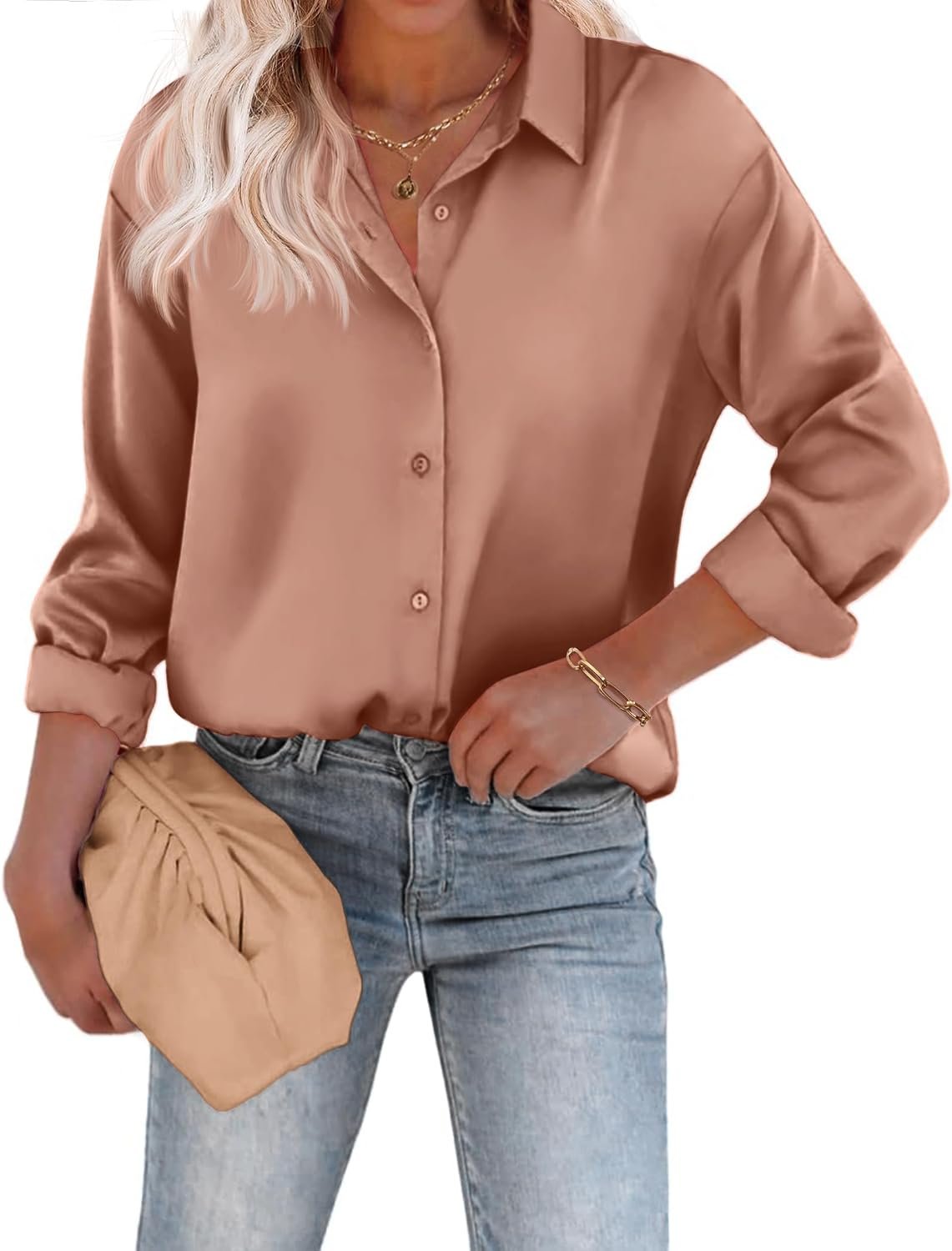Chigant Women’s Blouse Satin Silk Shirts Button Down Shirts Casual Loose Long Sleeve Office Work Tunic Tops