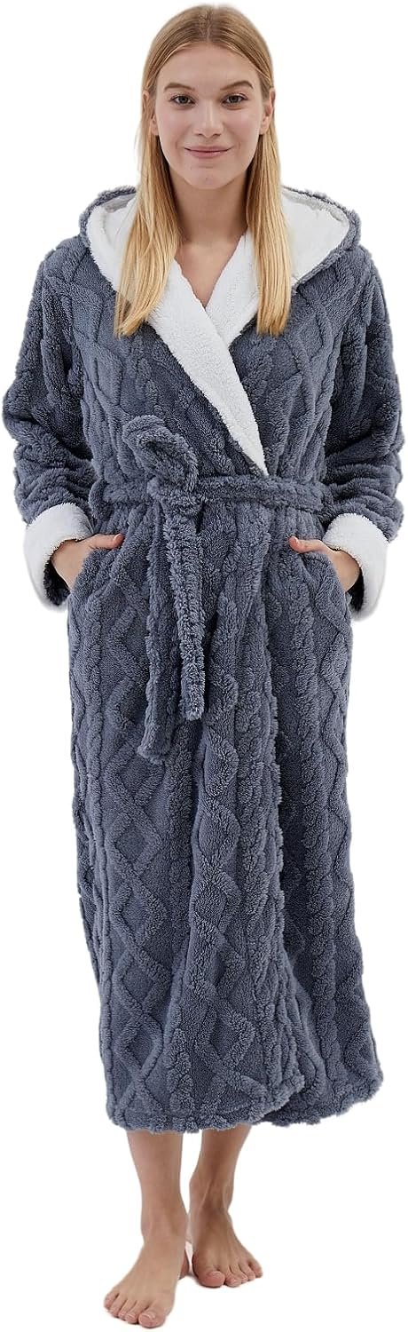 Long Robes with Hood for Women,Plush Fleece Hooded Robes for Women Winter Warm Housecoat