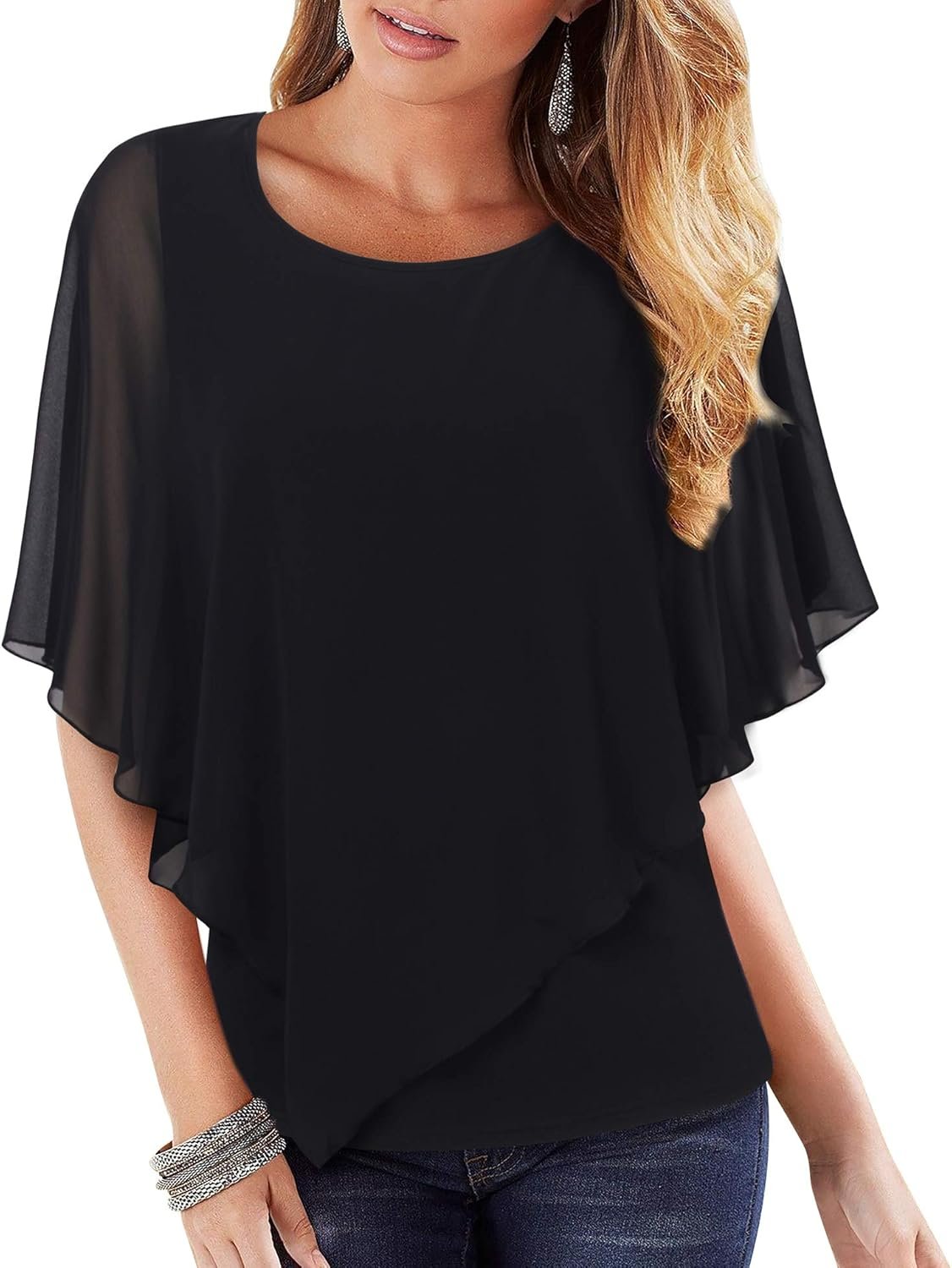 Lotusmile Women’s Lightweight Flowy Shirt Double-Layered Printed Chiffon Poncho Blouse Top