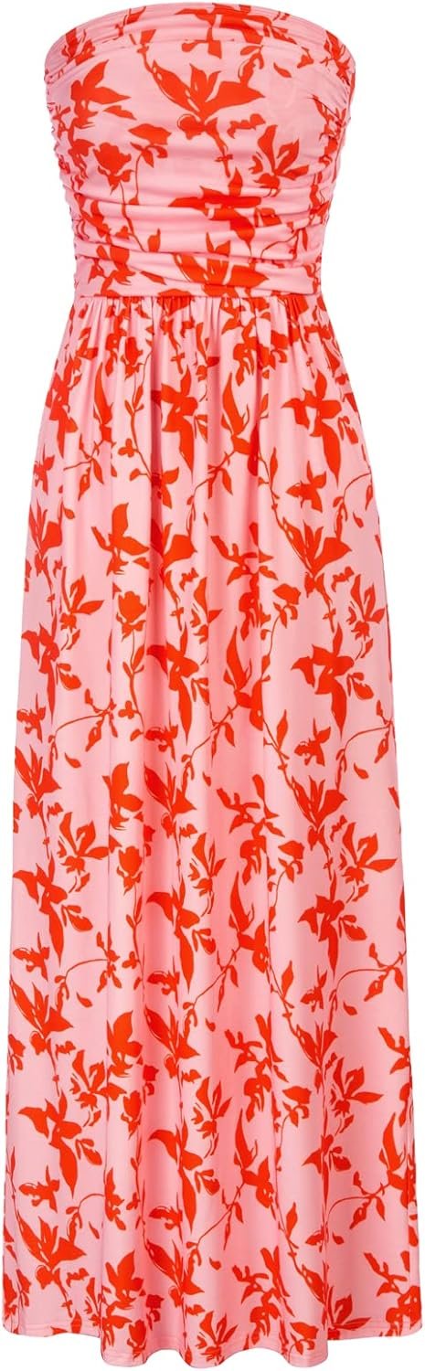 GRACE KARIN Women Strapless Dress Casual Loose Ruched Long Maxi Dress with Pockets