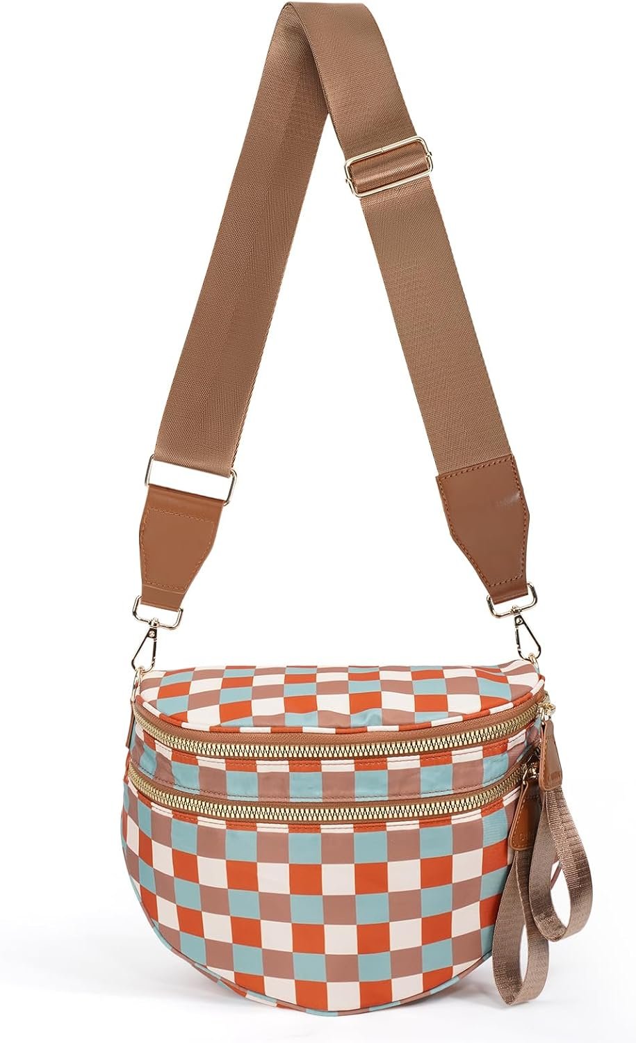 Checkered Crossbody Bag Nylon Bum Bags for Women Spacious Handbags Checkered Purse Fanny Packs with Shoulder Strap