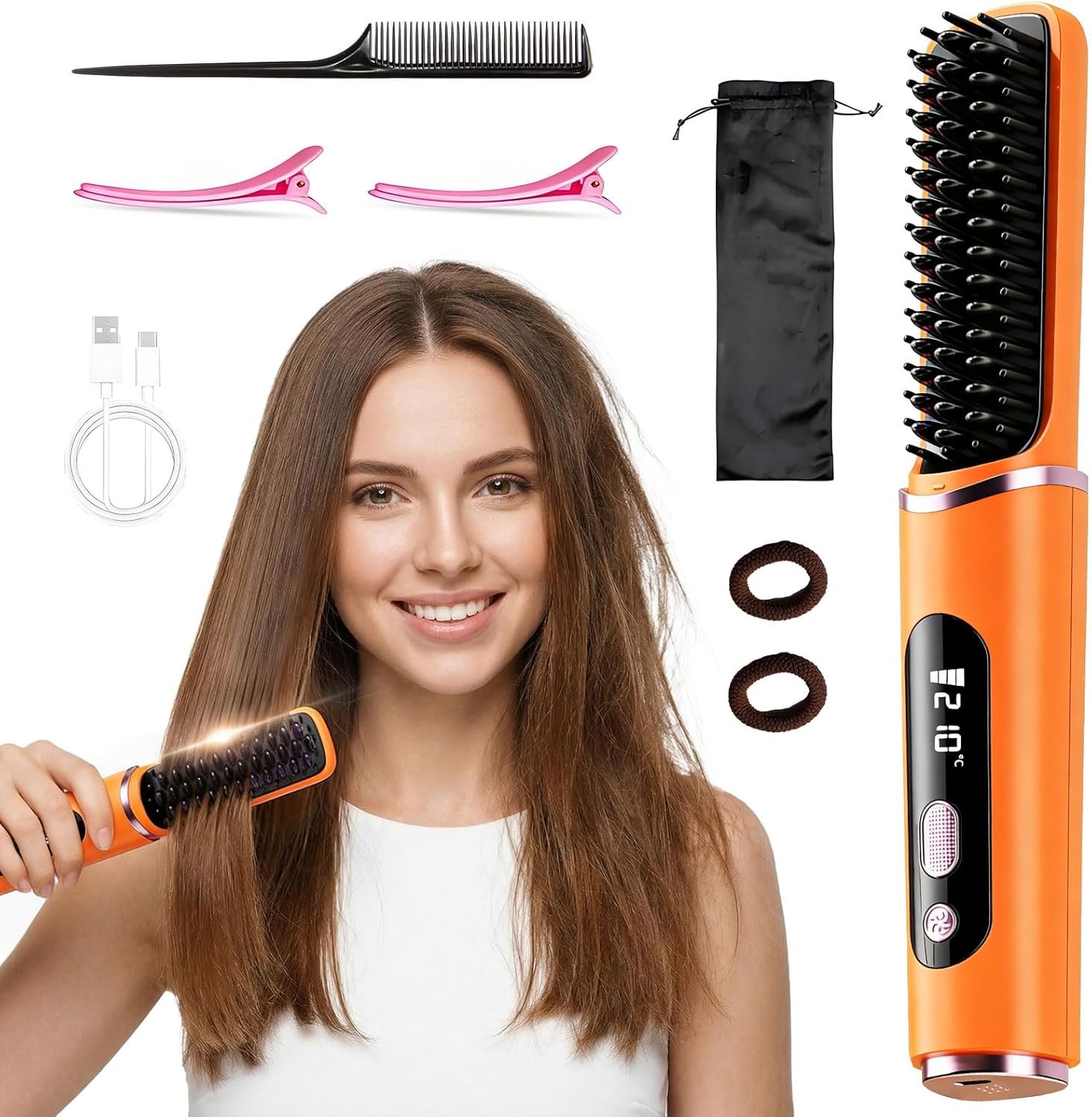 Cordless Hair Straightener Brush for Women (Orange) | 1