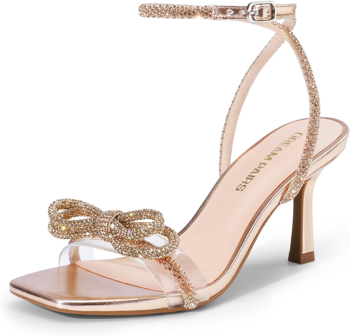 DREAM PAIRS Women’s Dress Sandals for Party Wedding with Double Bowknots Heels Open Square Toe Ankle Strap Crystal Rhinestone Shoes