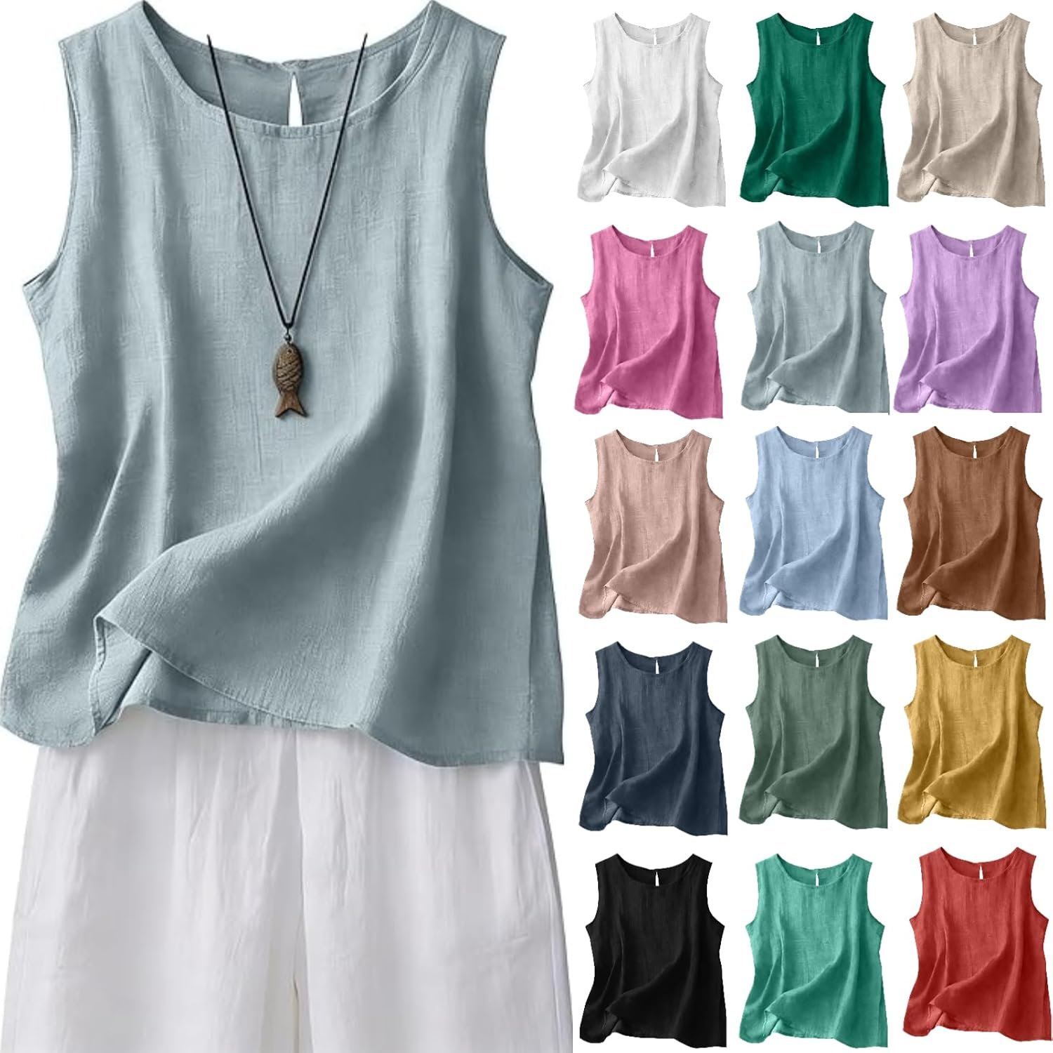 Tatumaie Cotton Linen Tank Tops for Women 2026 Summer Casual Plus Size Sleeveless Gauze Shirts Loose Fit Camisole Clothing