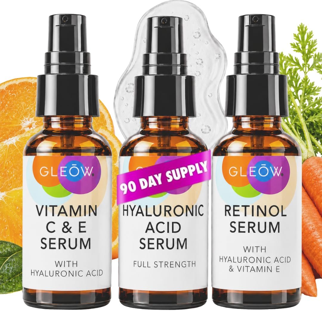 GLEOW Skincare Set: Retinol, Vitamin C, and 99% Hyaluronic Acid Serum, Face Serum Set Targets Appearance of Uneven Skin and Dryness, Total Package Serum Set 3×2 oz