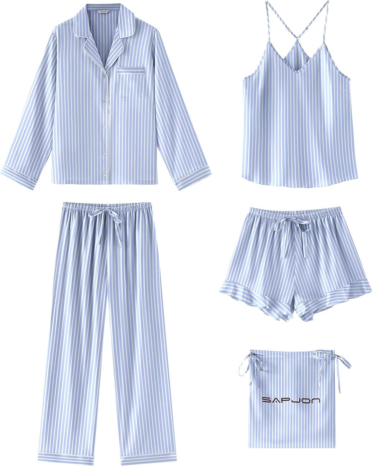 SAPJON Satin Silk Pajamas for Women Set 5PCS Classic Button Down Pajamas Top and Pants Cami and Ruffle Shorts Sleepwear