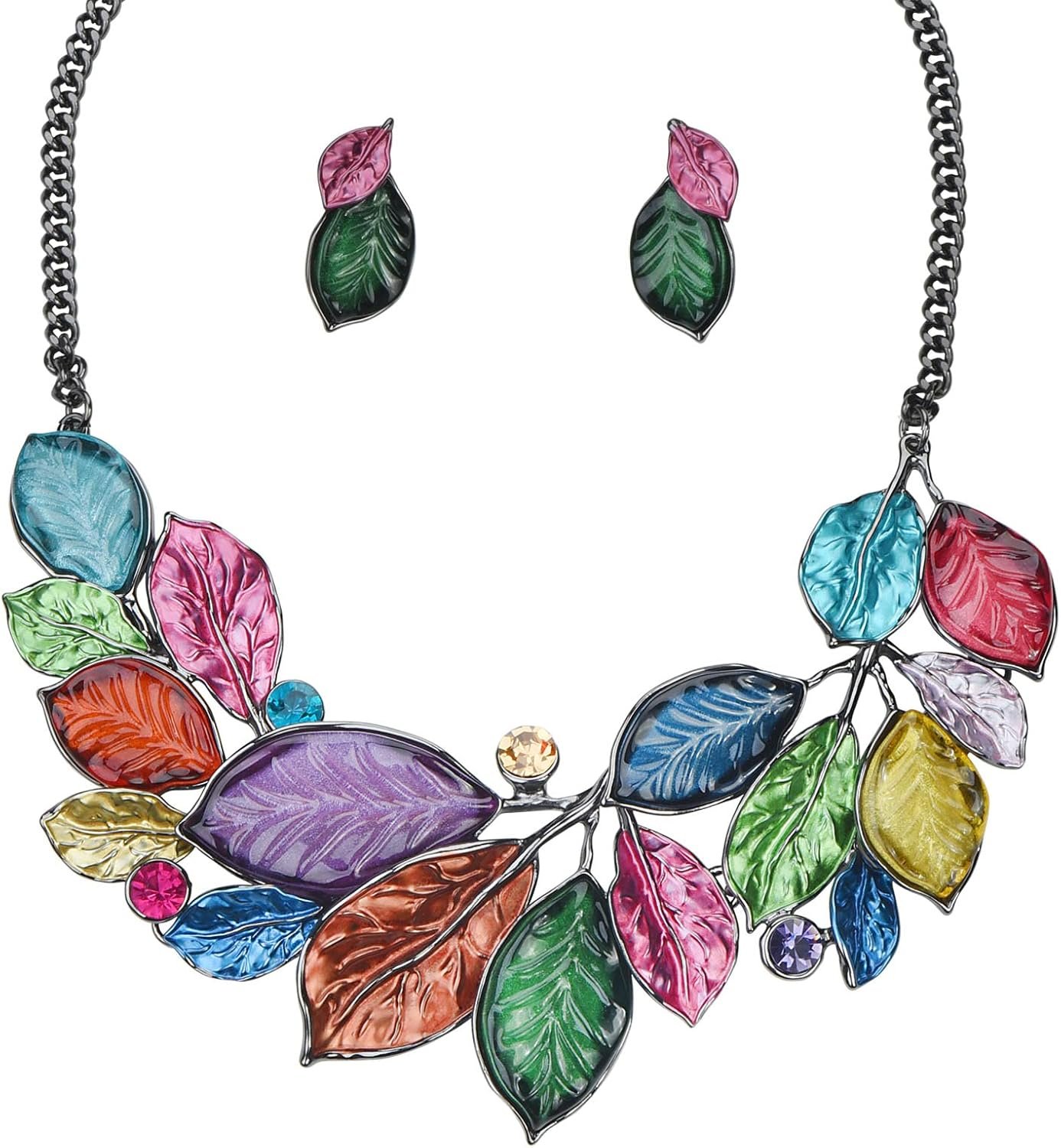 Vintage Statement Jewelry Set Leaf Floral Bohemian Boho Statement Necklace Earring Set Crystal Fashion Costume Jewelry