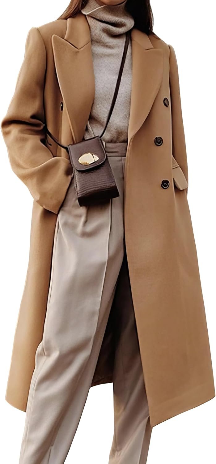 IDEALSANXUN Womens Long Wool Coats Fall Winter Double Breasted Trench Coat Peacoat