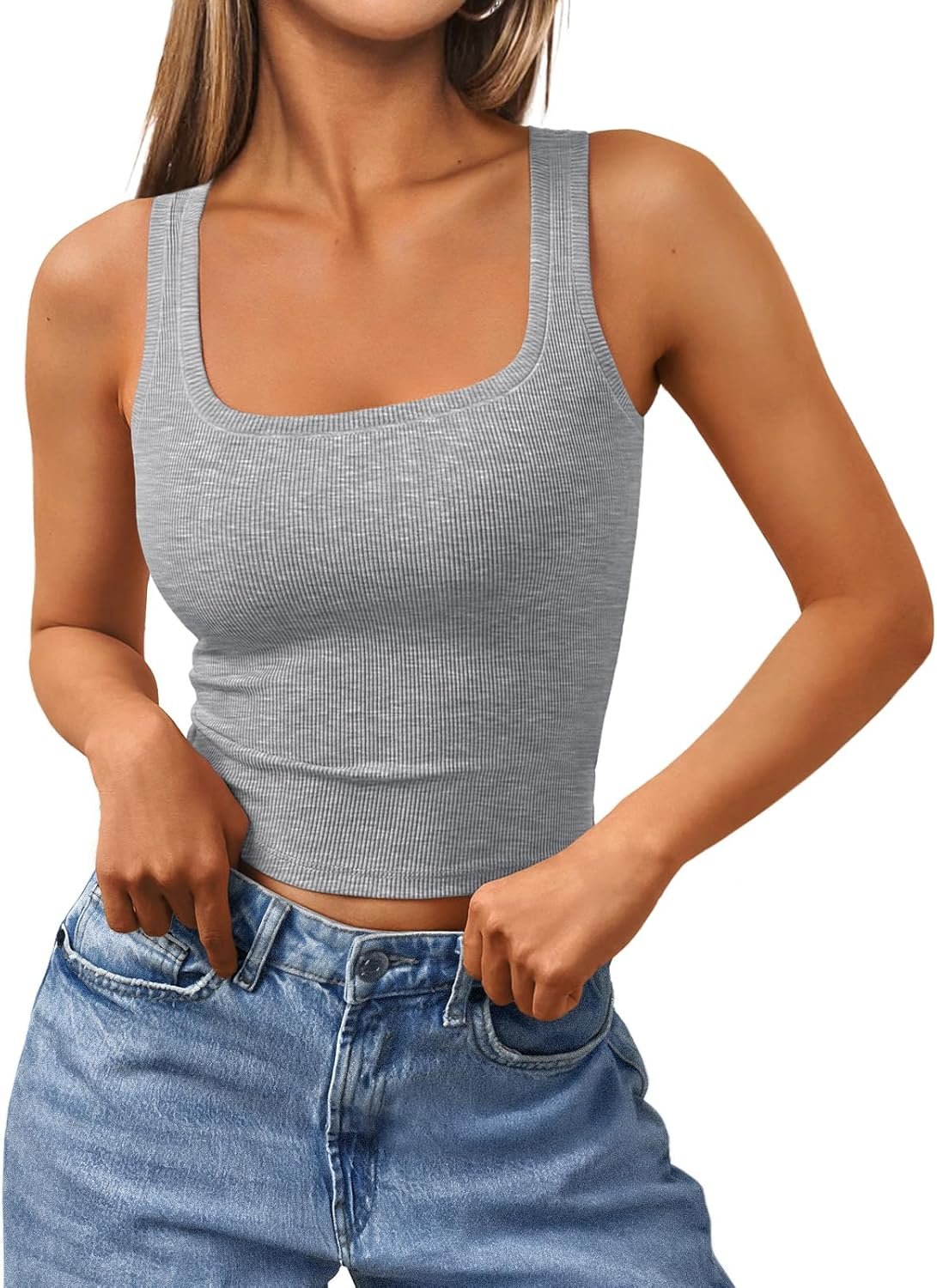 Trendy Queen Women’s Square Neck Cropped Ribbed Tank Tops Summer Sleeveless Clothes