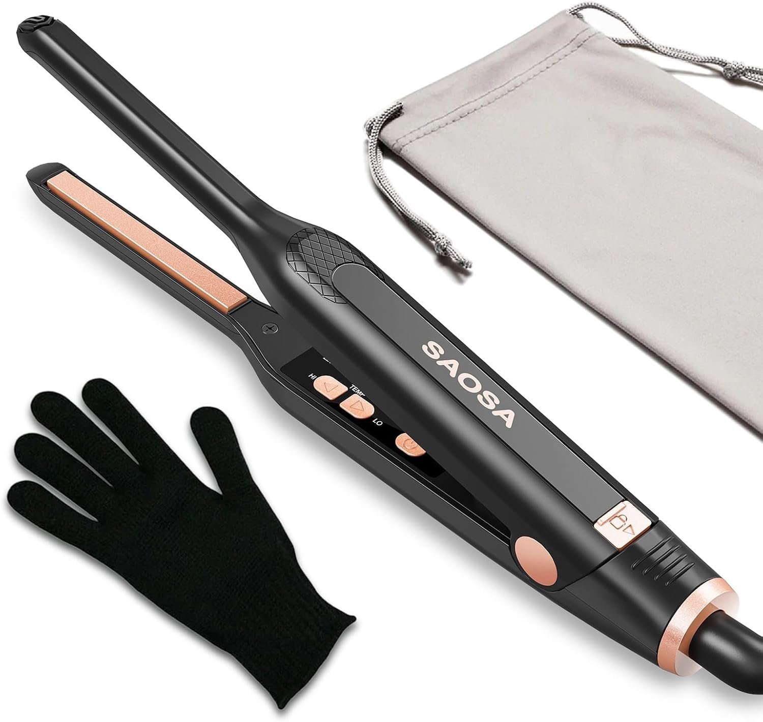 SAOSA Mini Pencil Flat Iron for Short Hair – 0.3″ Ultra-Thin Hair Straightener & Curler, 9 Temp (190°F-430°F), Ceramic Tourmaline, Fast 30s Heat Up, Travel Kit with Pouch & Glove, Dual Volt(Rose Gold)