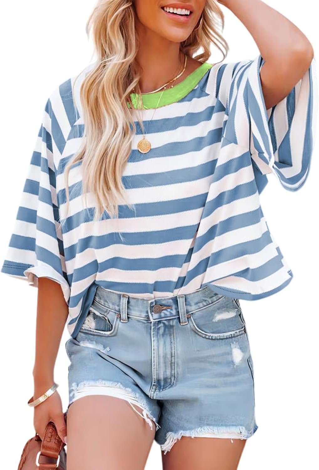Dokotoo Tops for Women Striped 2026 Fashion T Shirts for Women Color Block Crewneck Design Loose Basic Tee