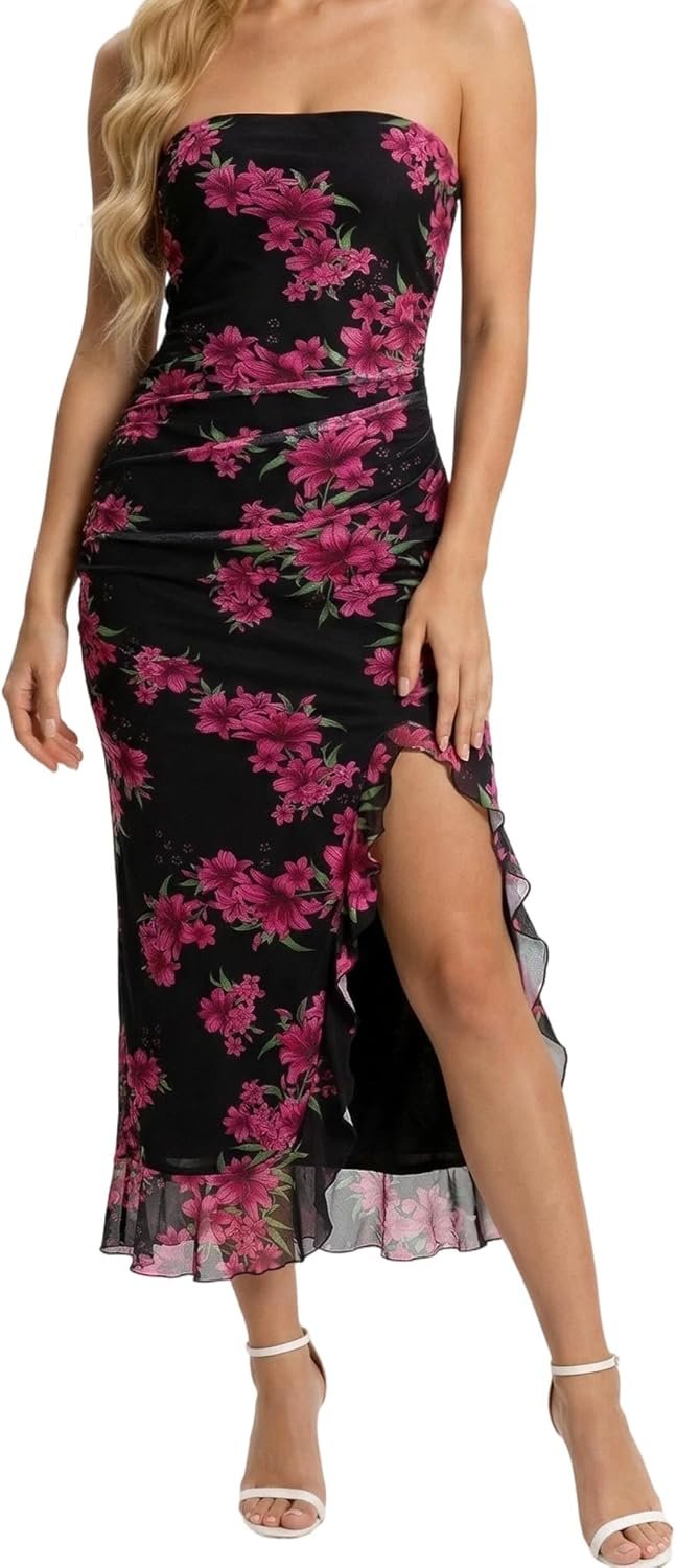 Women’s Floral Strapless Maxi Dresses Off The Shoulder Bodycon with Ruffle Dress Formal Wedding Guest Cocktail Party