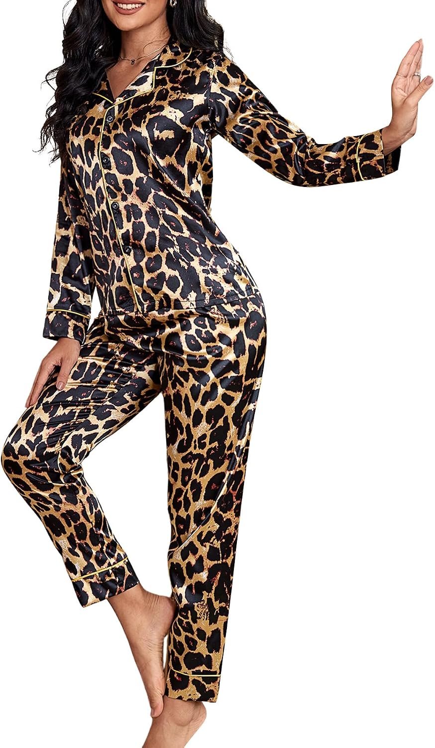 WDIRARA Women’s 2 Piece Leopard Print Satin Pajama Set Long Sleeve Button Down Lounge Pants Sleepwear Sets