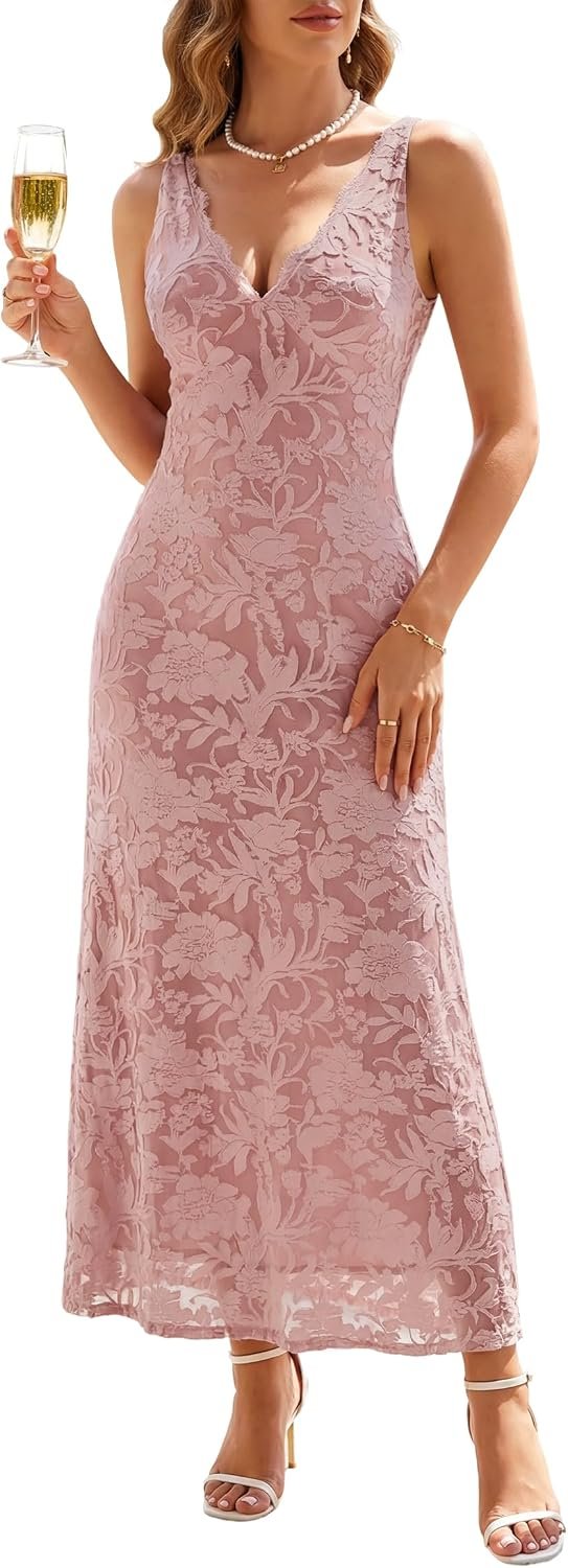 Women’s Lace V Neck Floral Mesh Bodycon Maxi Dress Summer 2026 Elegant Long Formal Dress Wedding Guest Cocktail Party