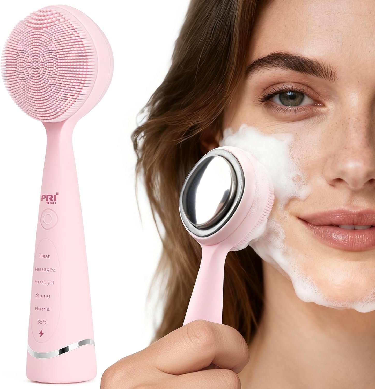 PRITECH Facial Cleansing Brush with Vibrating, Rechargeable Silicone Face Scrubber for Deep Pore Cleaning, Exfoliator & Waterproof Face Brush with Heat End for for Women and Men (Pink)