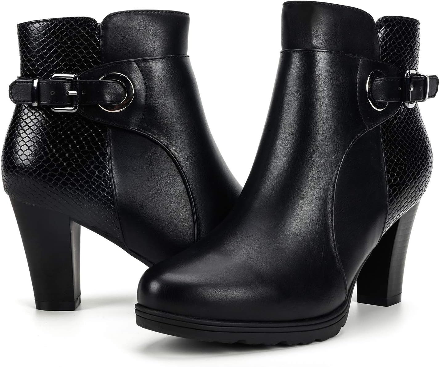 mysoft Women’s Zipper Booties Chunky Stacked Heel Ankle Boots Buckle Strap Ankle