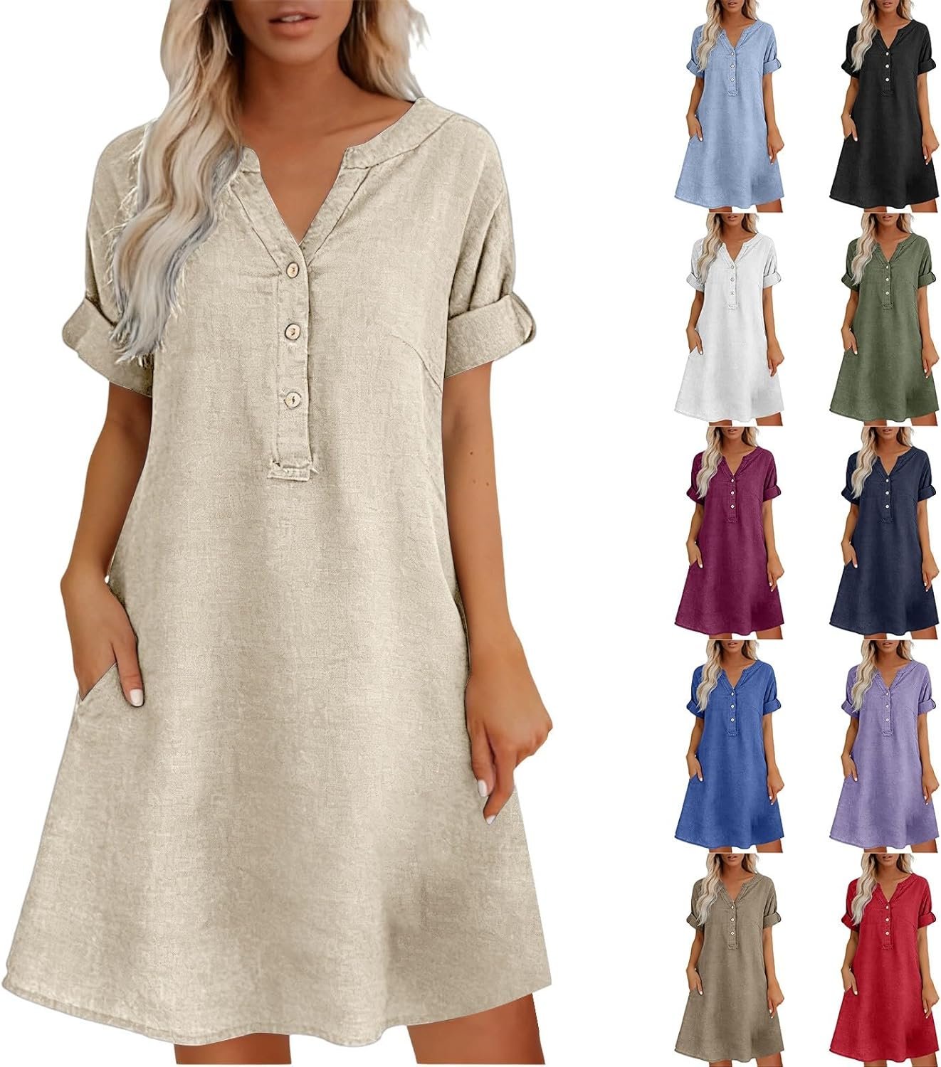 Women’s Linen Summer Dresses Short Sleeve V Neck Gauze Sundresses Cotton Linen Midi Dress Beach Vacation Clothing