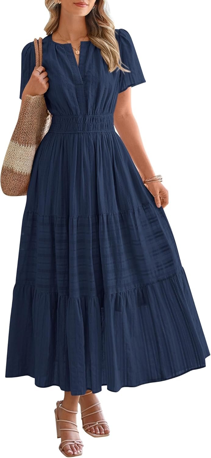 BTFBM Womens Summer 2026 Casual Midi Maxi Dresses Lightweight Short Sleeve V Neck Elastic Waist Boho Beach Dress Pockets