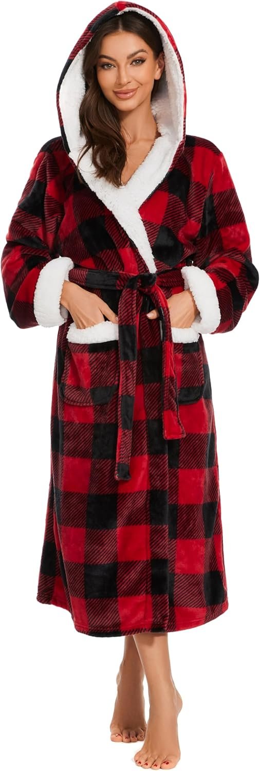 iniber Plush Robes for Women, Womens Robe Long, Fuzzy Fluffy Soft Warm Fleece Hooded Bathrobe