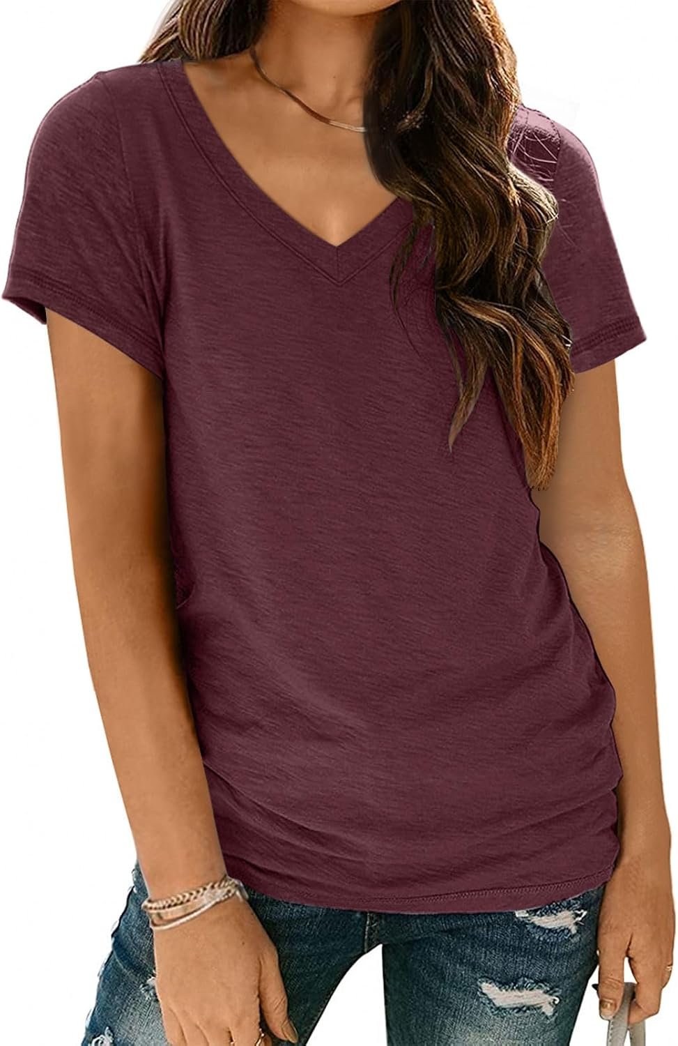 AUTOMET Short Sleeve T-Shirts V Neck Summer Tops for Women Basic Tees 2026