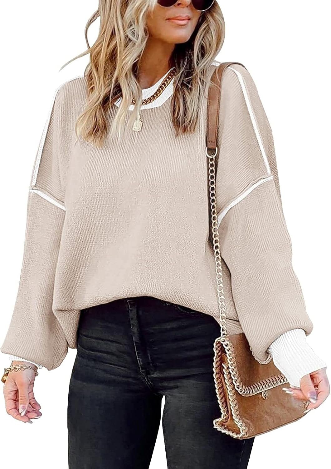 ETCYY Womens Oversized Sweaters Fall 2026 Fashion Clothes Trendy Batwing Sleeve Colorblock Striped Knit Pullover Tops