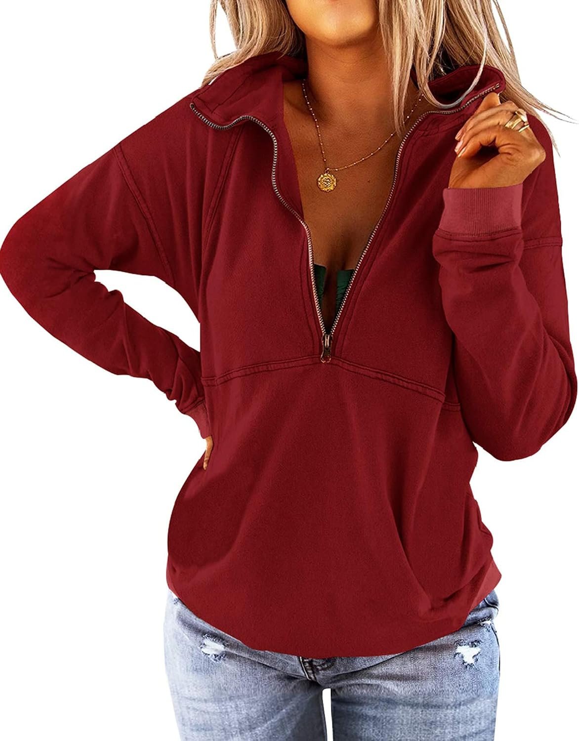 Floral Find Women’s Long Sleeve Lapel Half Zip Up Sweatshirt Solid Stylish Loose Fit Casual Pullover Tops
