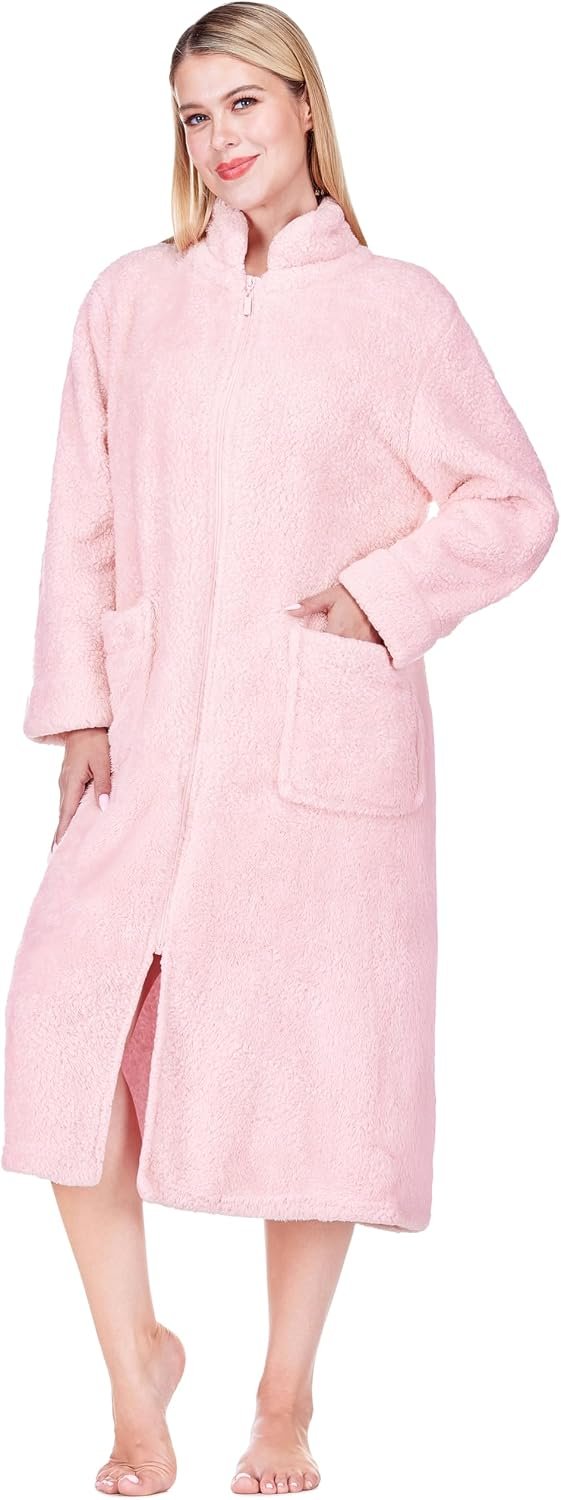 PAVILIA Womens Zip Up Robe, Sherpa Fleece Housecoat Bathrobe, Fuzzy Warm Zipper Long House Coat for Women Elderly with Pocket