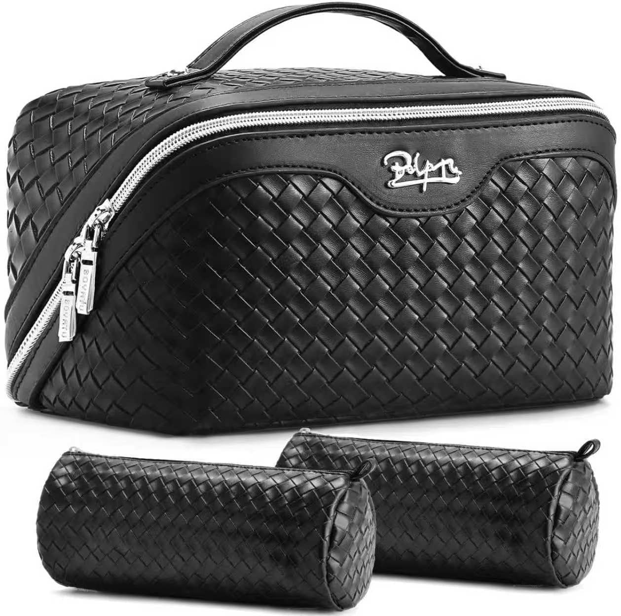 BOYATU Travel Makeup Bags for Women: 3 Pcs Large Make up Bags Set – Vegan Leather Cosmetic Bag for Traveling – Waterproof Toiletry Organizer (L05 Black)