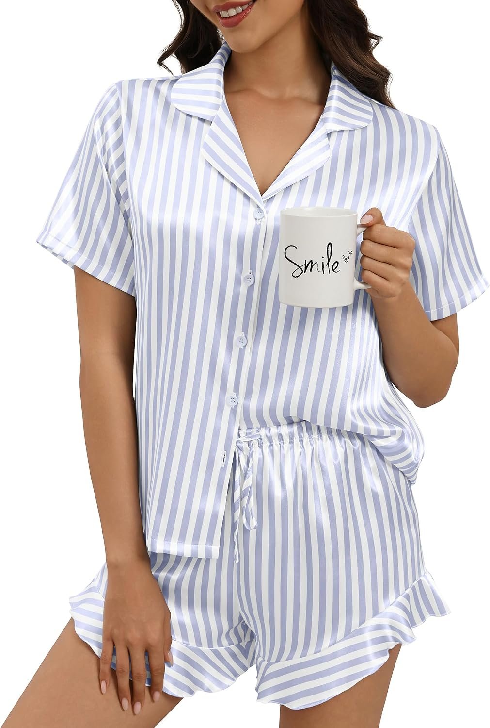 Silk Pajamas for Women Button Down 2 Piece Satin Pjs Shorts Set Ruffle Notch Collar Sleepwear Loungewear