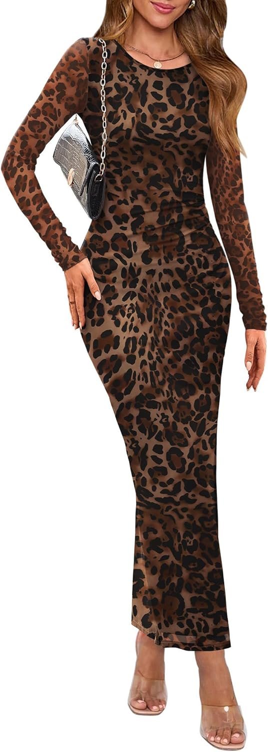 WIHOLL Women’s Bodycon Maxi Dress Fall Fashion Long Sleeve Floral Print Tight Fitted Party Club Ruched Dresses