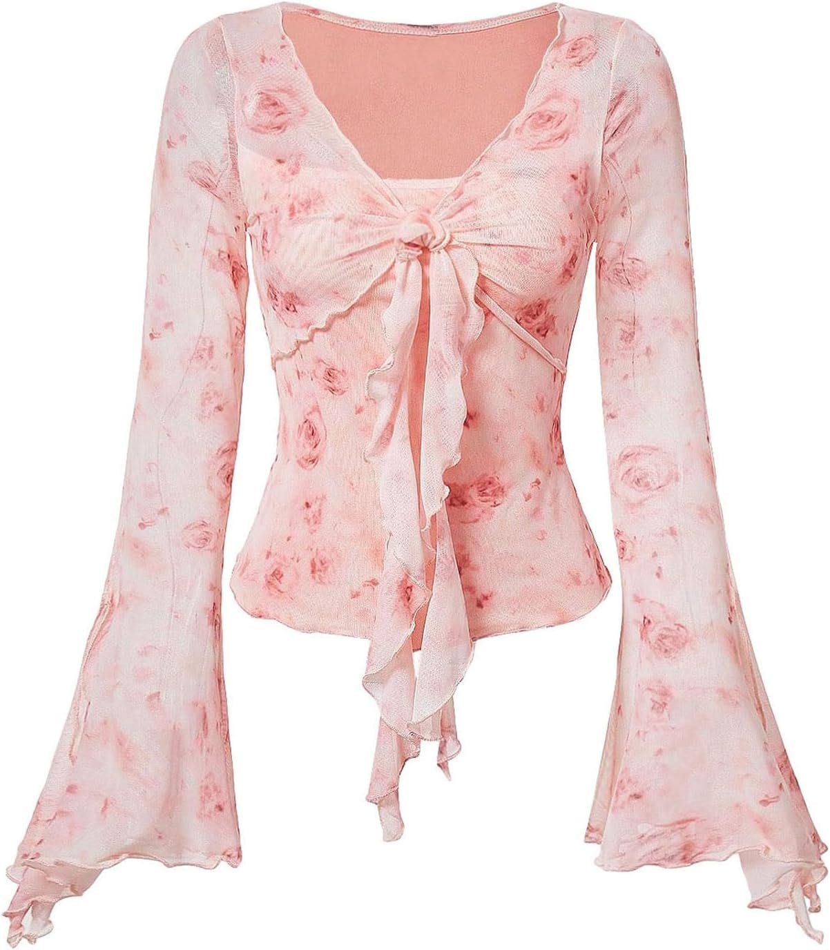 Verdusa Women’s Y2K Cute Bell Sleeve Tops Floral Print Mesh Summer Long Sleeve Going Out Tops 2000s Clothing