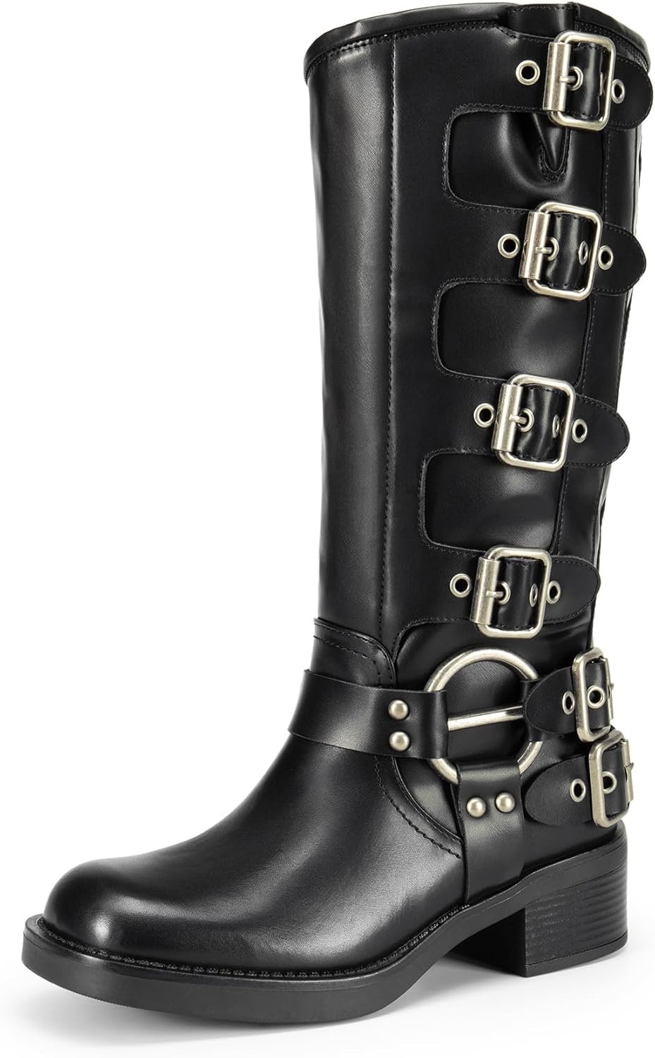 DREAM PAIRS Women’s Knee High Riding Boots Side Zipper Motorcycle Boots Square Toe Chunky Heel Fashion Buckles Biker Boots