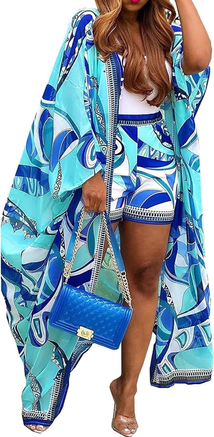 QegarTop Kimono Shorts Set for Women Two Piece Summer Vacation Outfits Flowy Beach Cover up Duster
