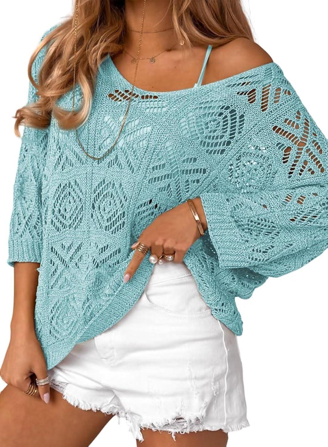 Dokotoo Women’s 2026 Spring Summer Crochet Hollow Out 3/4 Sleeve Pullover Sweater Off Shoulder T-Shirts