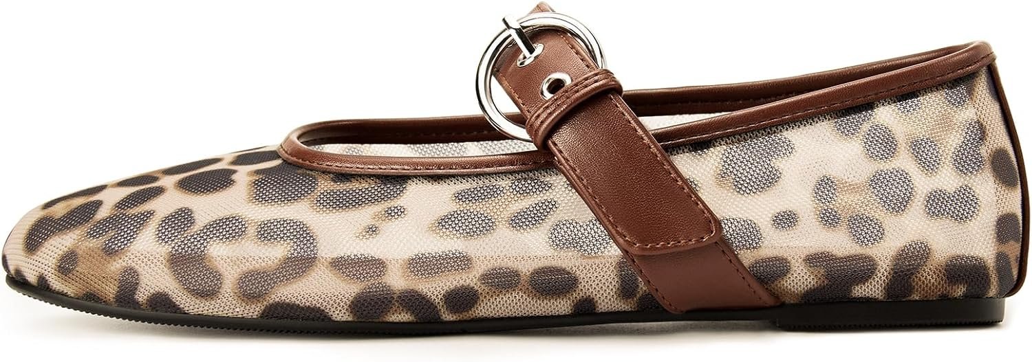 Gothictor Women’s Mesh Ballet Flats Round Toe Leopard Mary Jane Shoes Women | Cushioned Comfort, Easy to Style, Buckle Strap, Cheetah Print, Ballerina, Breathable, Lightweight, Dressy Casual, Non-Slip