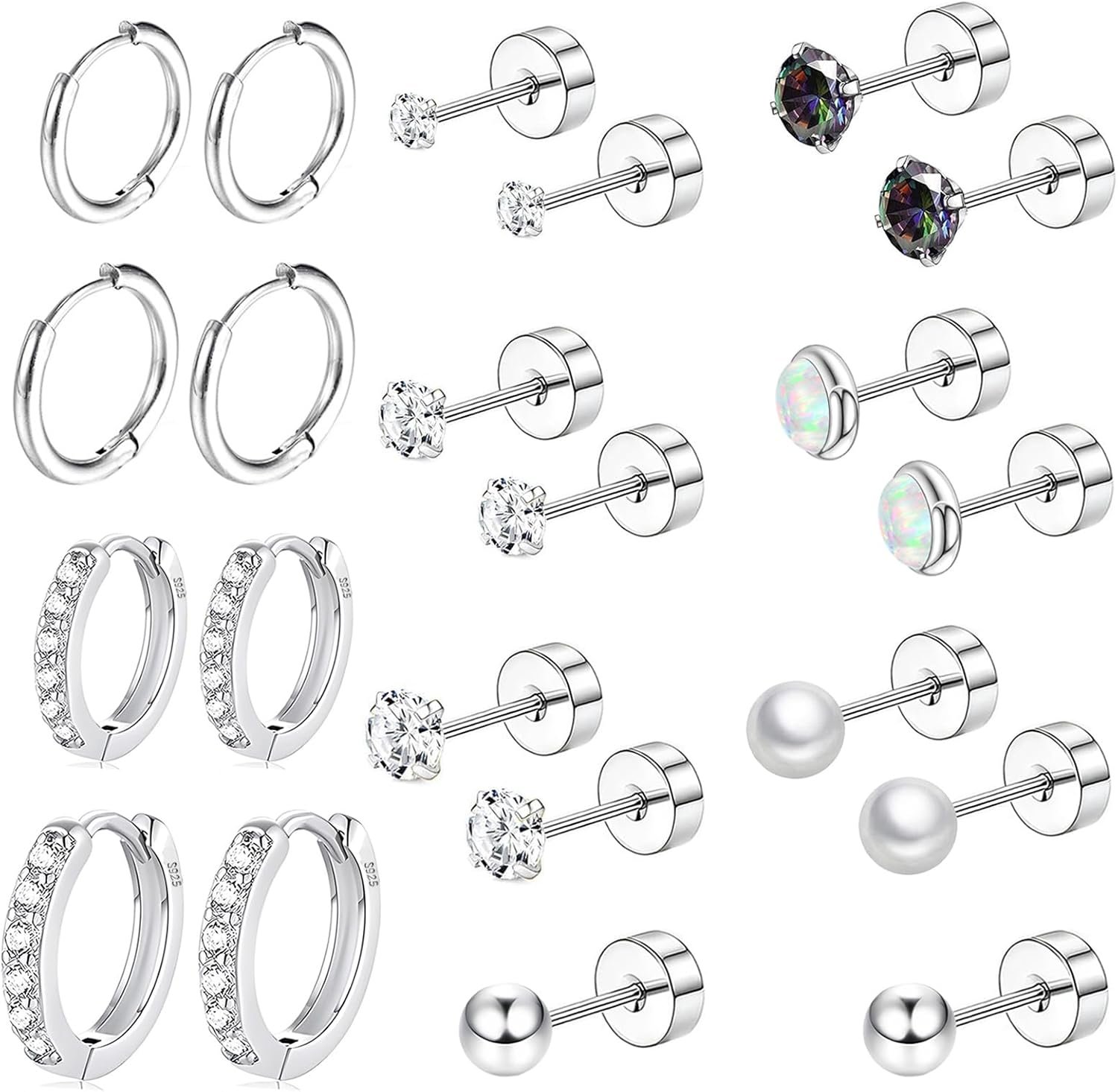 Surgical Steel Flat Back Earrings Set for Multiple Piercing Sensitive Ears,Sterling Silver Hypoallergenic Small Cartilage Huggie Hoop Earrings Titanium Tiny CZ Pearl Opal Stud Earrings for Women