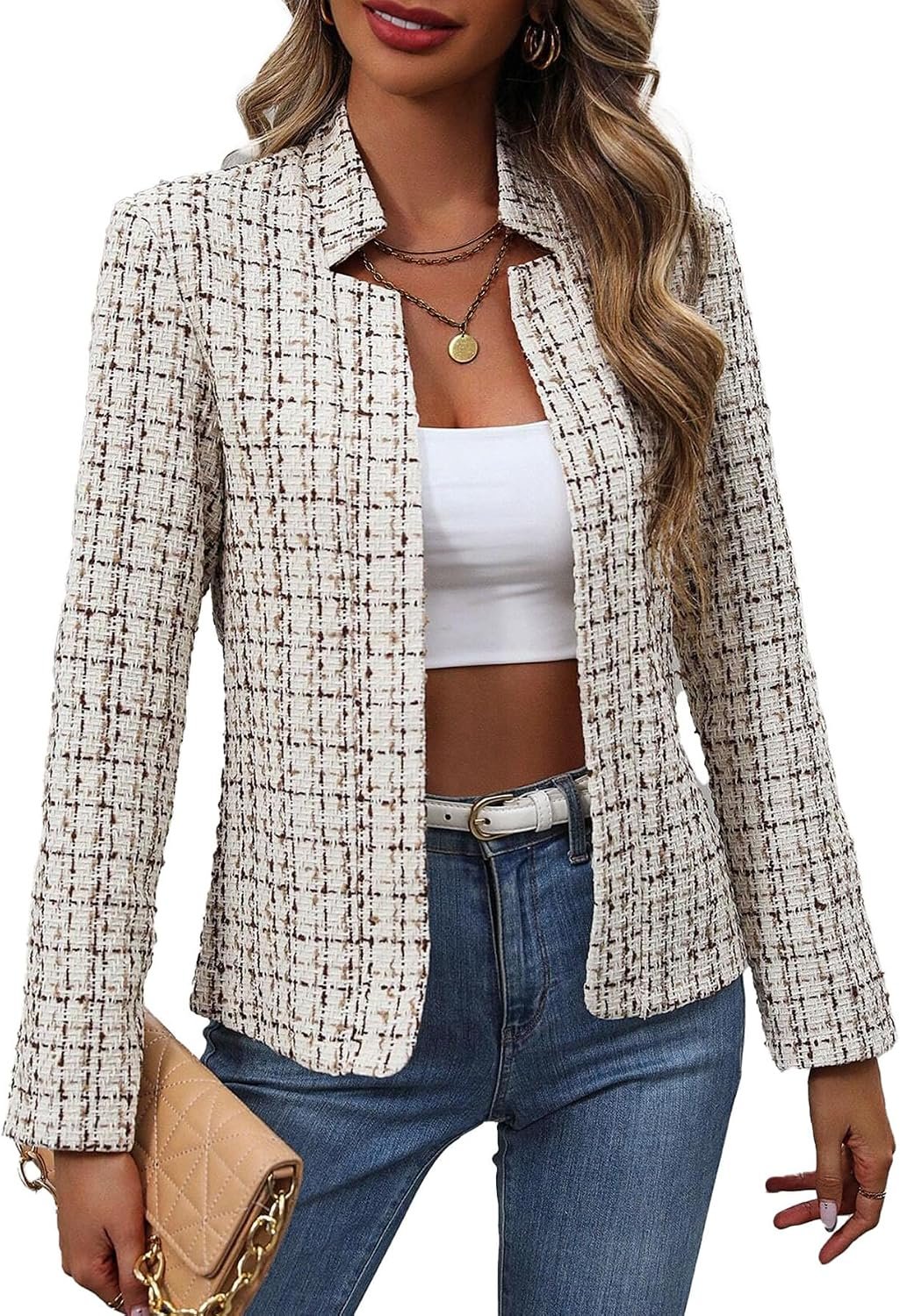 Mina Self 2026 Summer Women’s Open Front Tweed Blazer – Lightweight Plaid Stand Collar Lined Casual Trendy Work Office Jacket