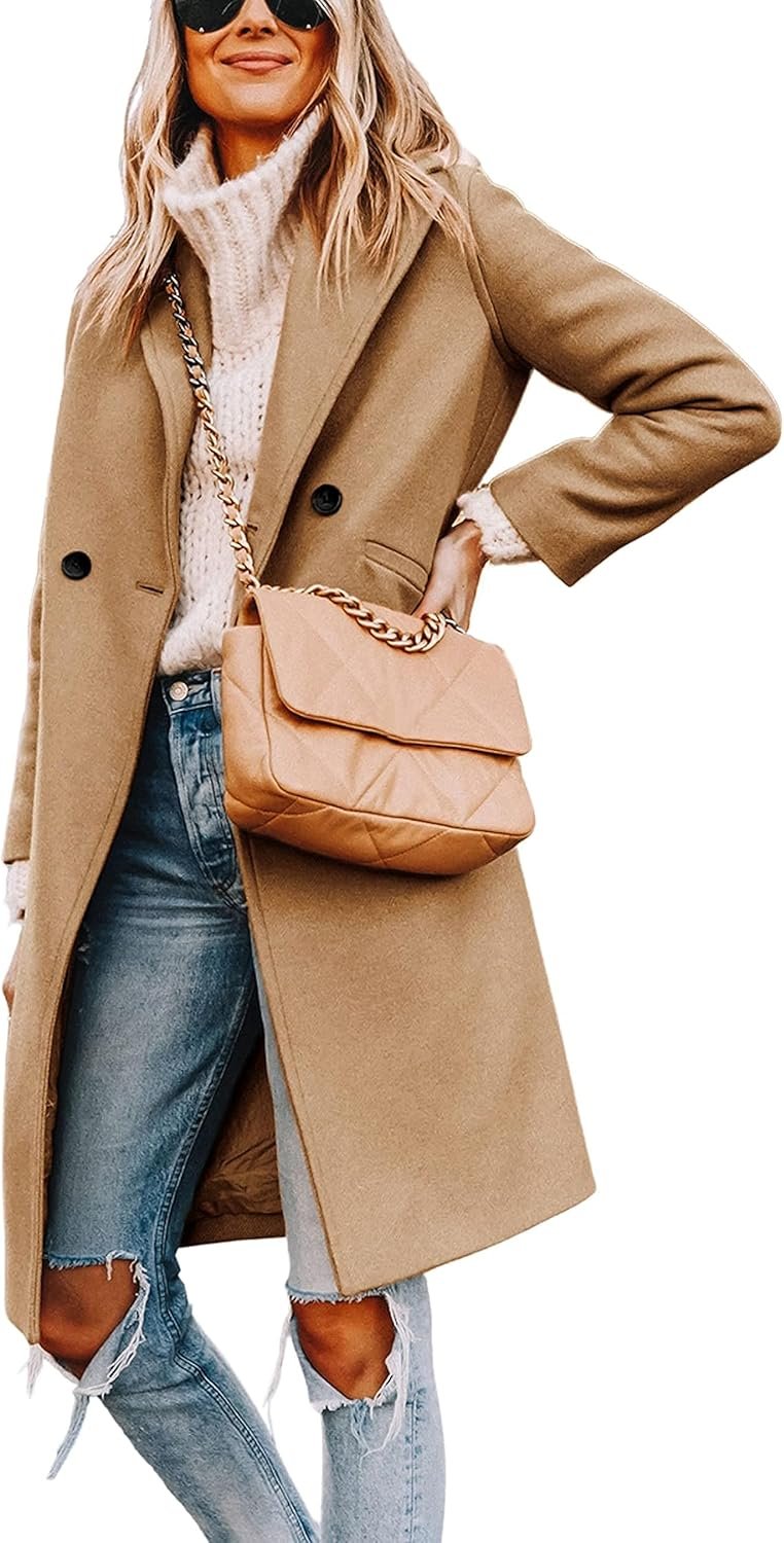 Hooever Women’s Winter Wool Coat Casual Notch Lapel Single-Breasted Peacoat
