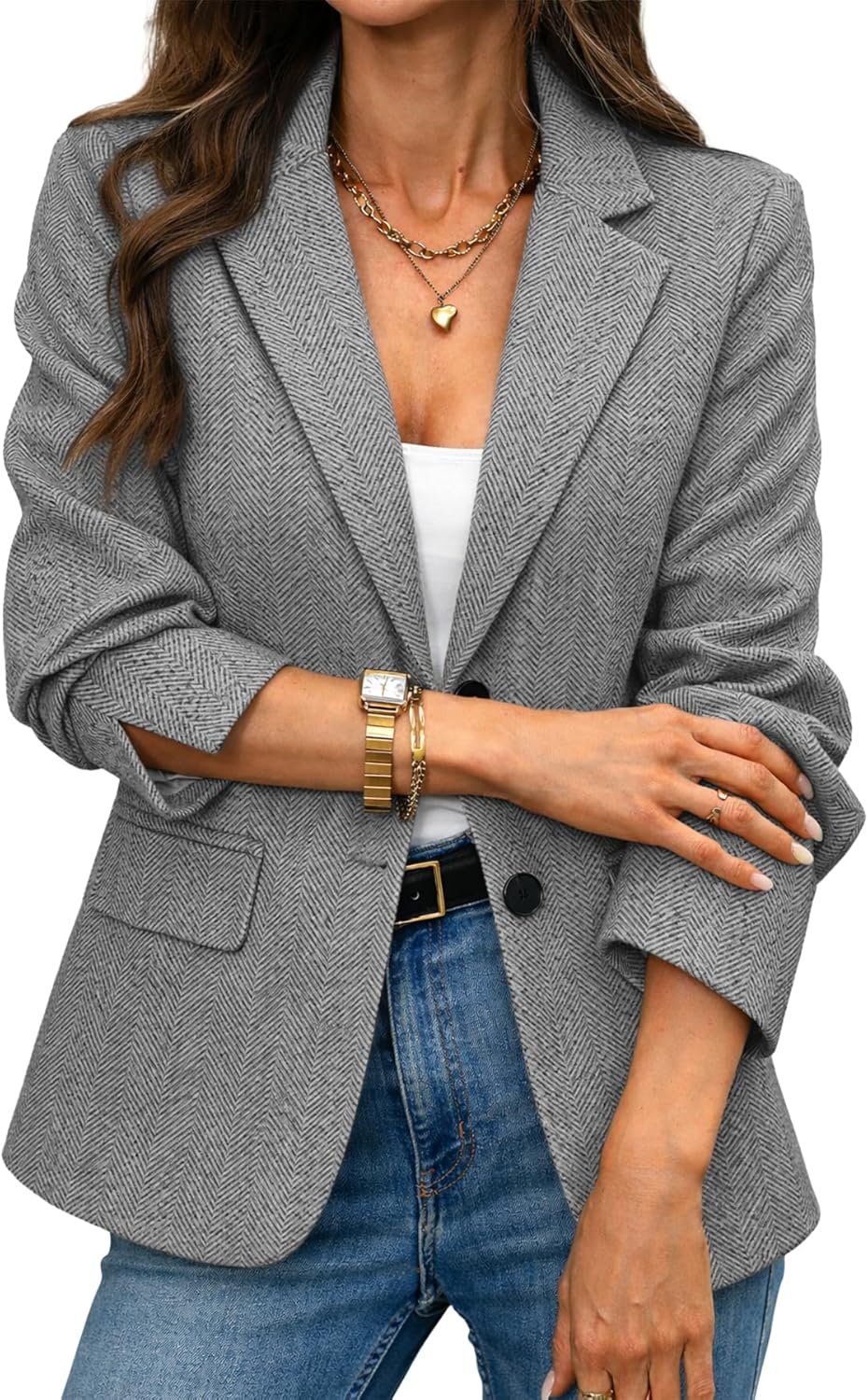 ELLEVEN Women’s Herringbone Tweed Blazer – Slim Fit Business Casual Work Jacket with Flap Pockets, Long Sleeve