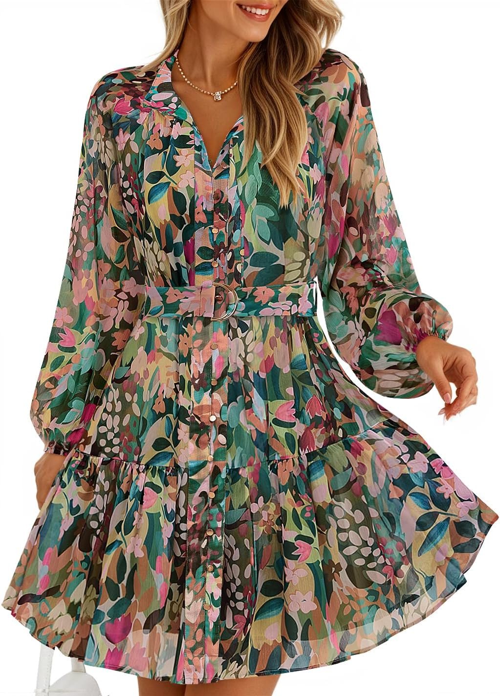 ZESICA Womens Summer Floral Mini Dress 2026 Fall Long Sleeve Button Chiffon A Line Short Wedding Guest Party Dresses