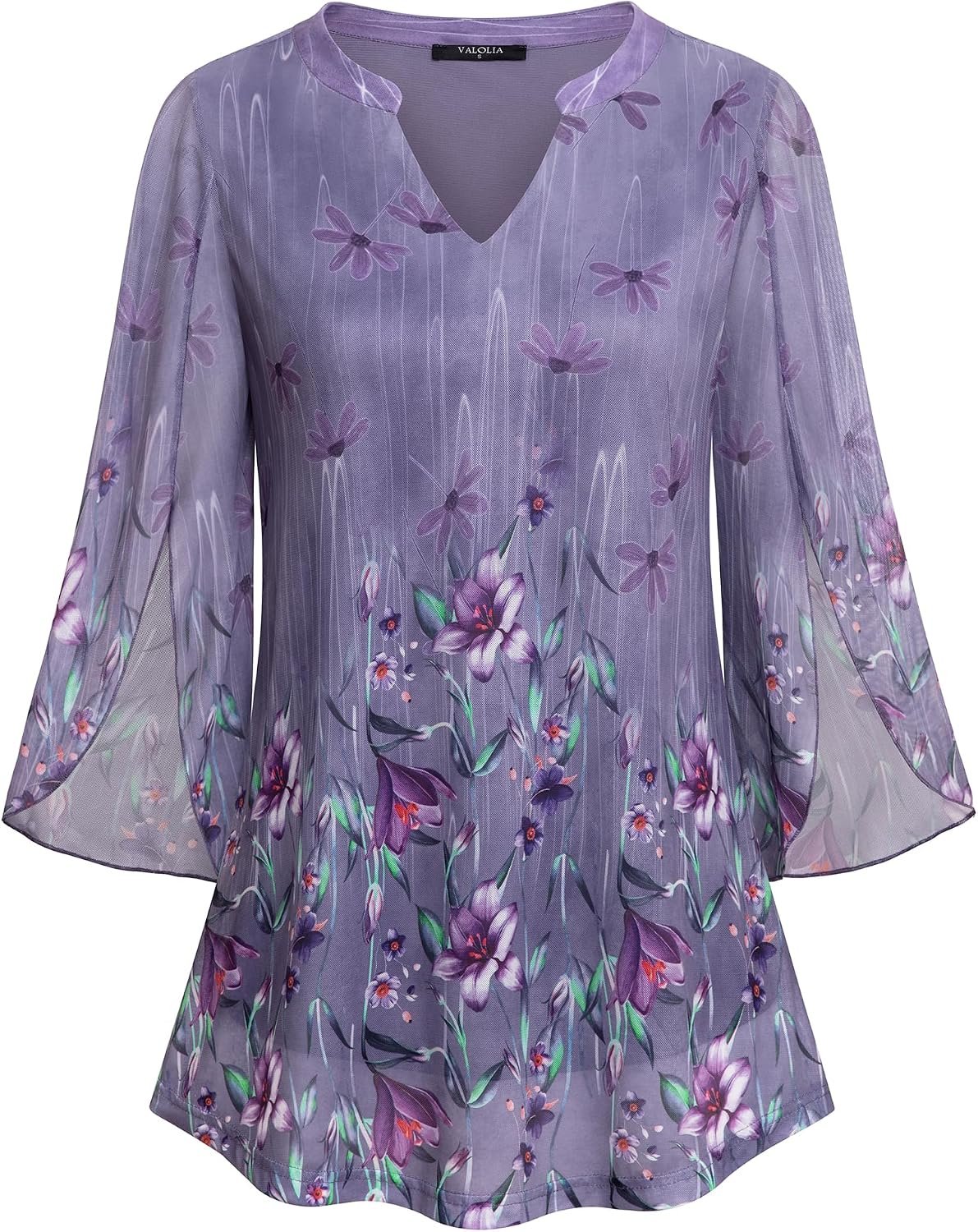 VALOLIA Women’s 3/4 Sleeve Floral Tunic Tops V Neck Double Layers Loose Fit Mesh Blouses Shirt