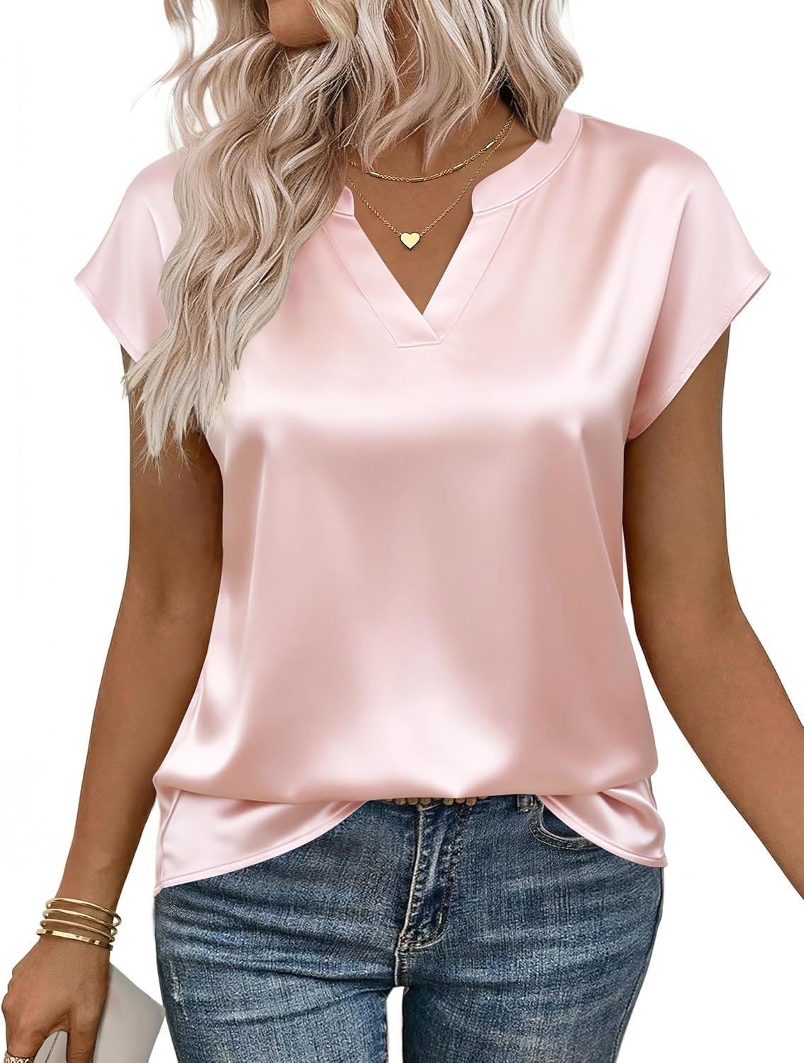 Zeagoo Women Tops Silk Satin Blouses V Neck Summer Shirts Cap Sleeve Business Casual Dressy Spring Clothing