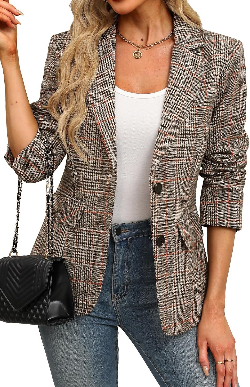 ELLEVEN Women’s Lapel Collar Plaid 2 Button Boyfriend Blazer Suit Houndstooth Work Office Blazer Jacket