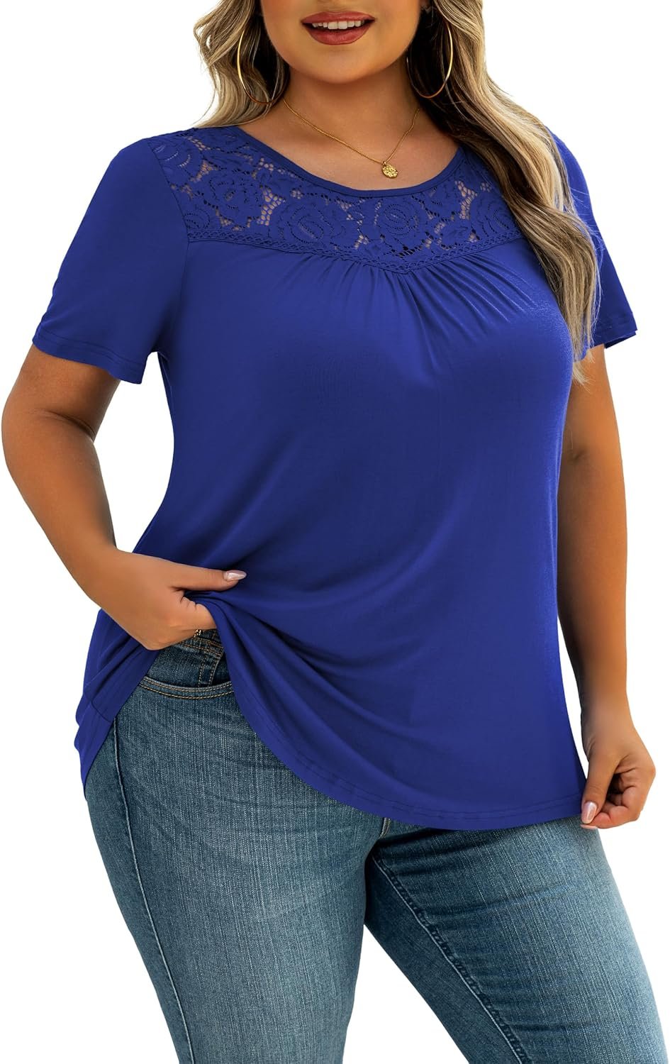 Ahlaray Women’s Plus Size Summer Tops Short Sleeve Shirts Lace Pleated Tunic Tops Blouses M-4XL