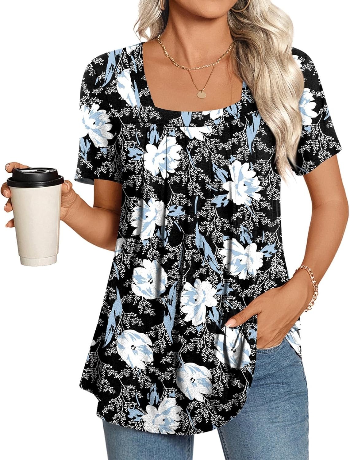 LONGYUAN Womens Tunic Tops 2026 Summer Casual Square Neck Shirts S-3XL