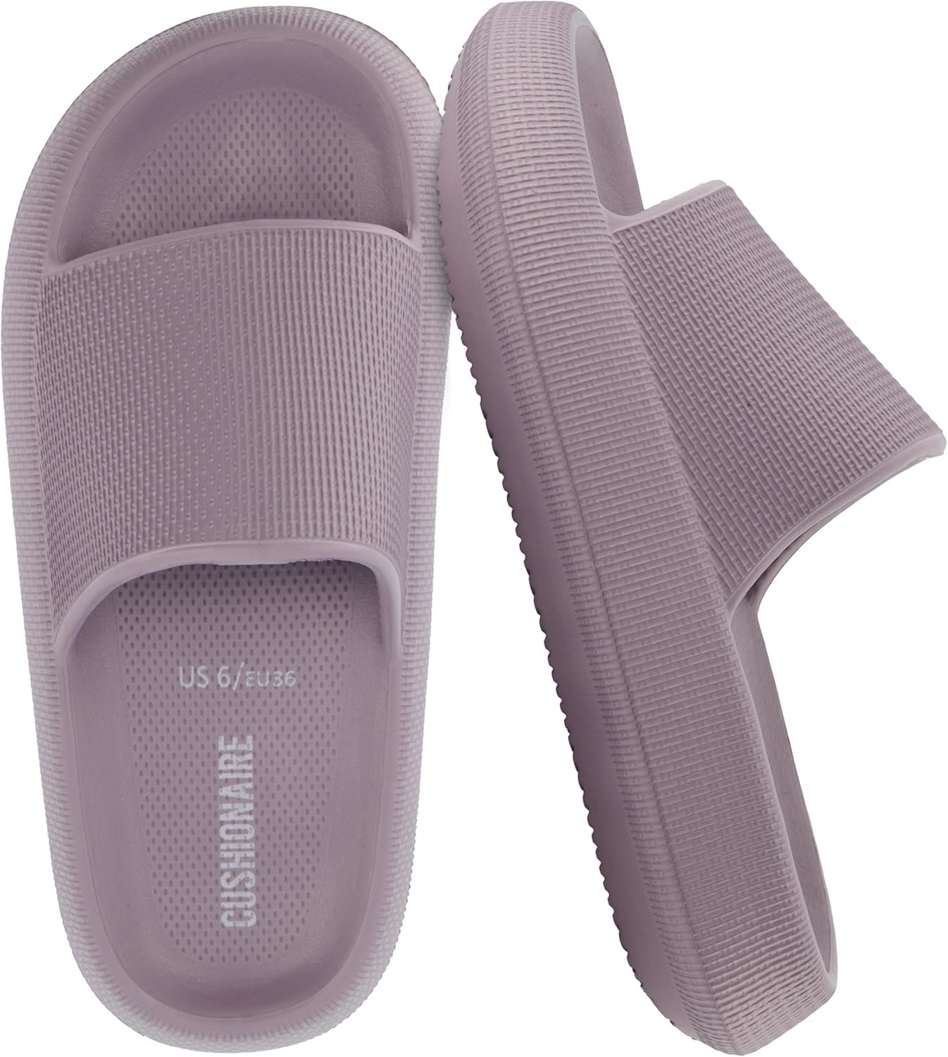 CUSHIONAIRE Feather EVA Slides for Women – Comfortable Slip On Womens Slippers, Indoor Outdoor Shower Shoes, Beach Essential Cloud Slides